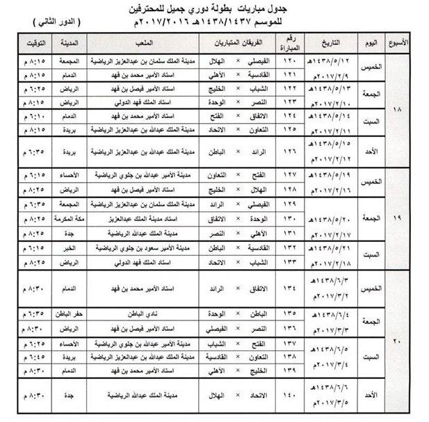 جدول مباريات الدور الثاني من دوري جميل 1438