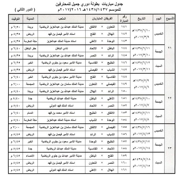 جدول مباريات الدور الثاني من دوري جميل 2017