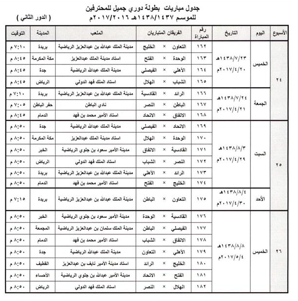  جدول مباريات الدور الثاني من دوري جميل